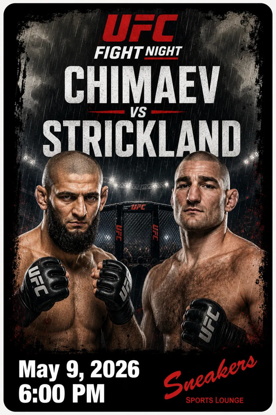 UFC Fight Night Chimaev vs Strickland at Sneakers Sports Lounge on May 9, 2026 at 6:00 PM